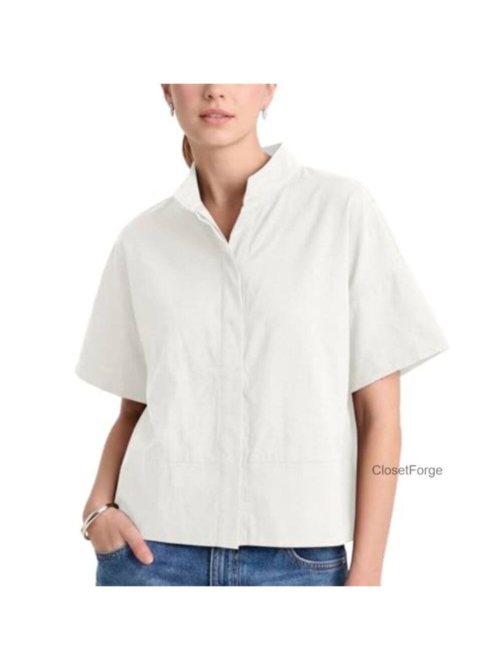 Women's Casual Oversized Short Sleeve Blouse with Stand Collar Lightweight